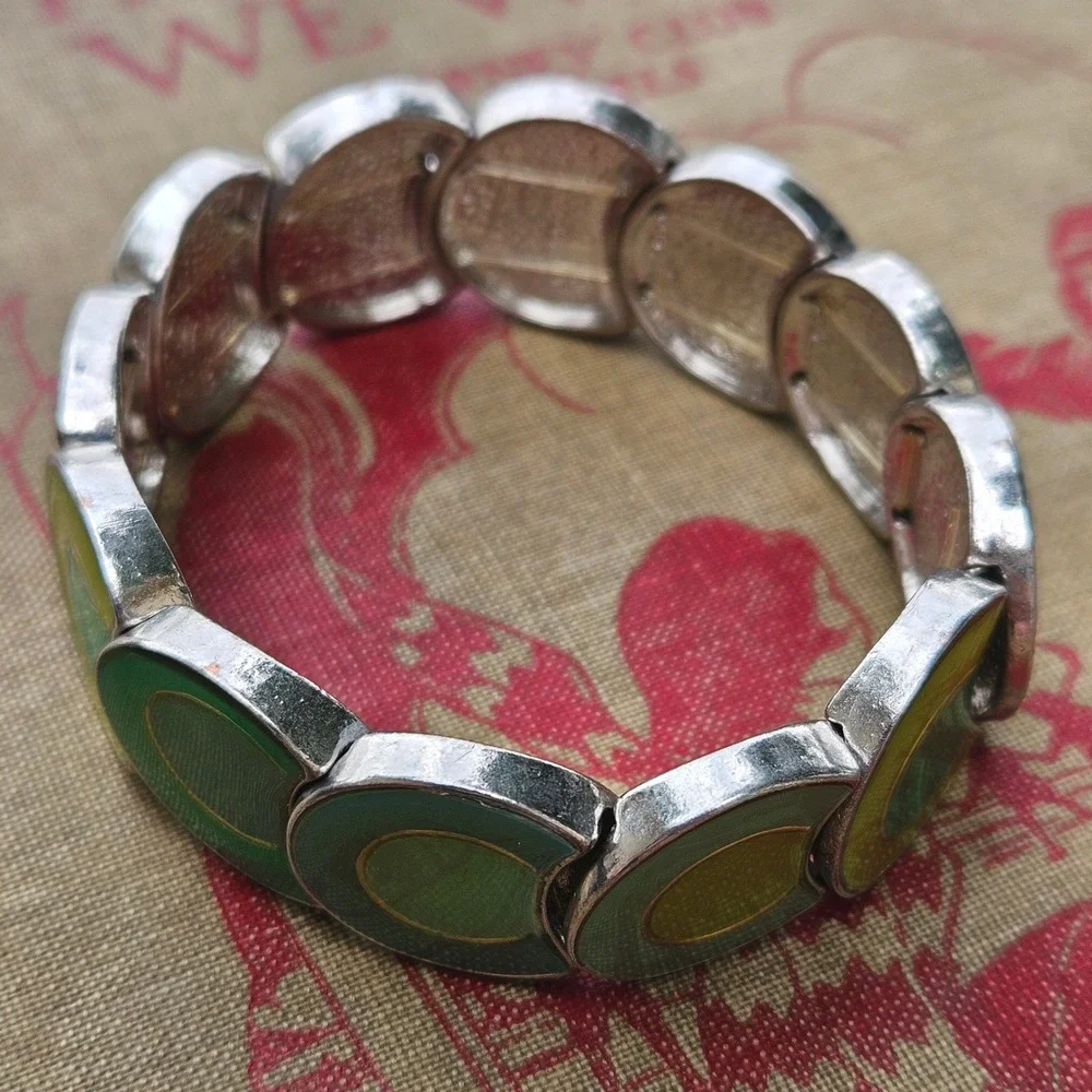Vtg Y2K Green Enamel Stretch Panel Bracelet Silver Tone Round Circles Mod Retro